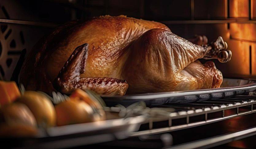 Perfectly roasted turkey in a convection oven with golden-brown skin and garnishes