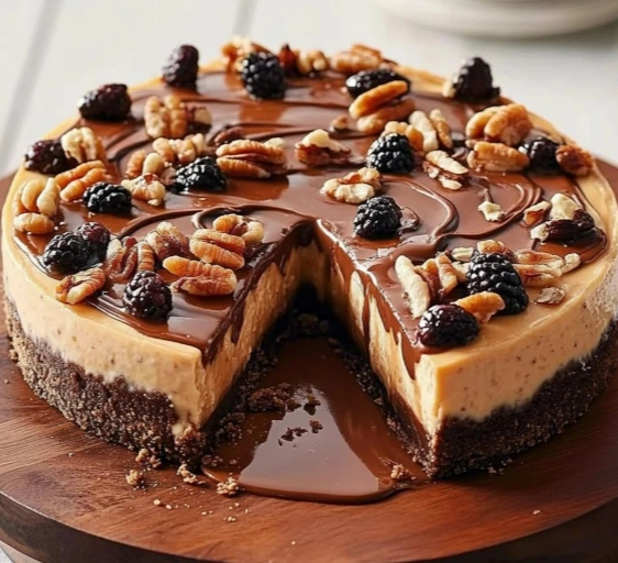 Decadent No-Bake Chocolate Caramel Cheesecake with Pecans