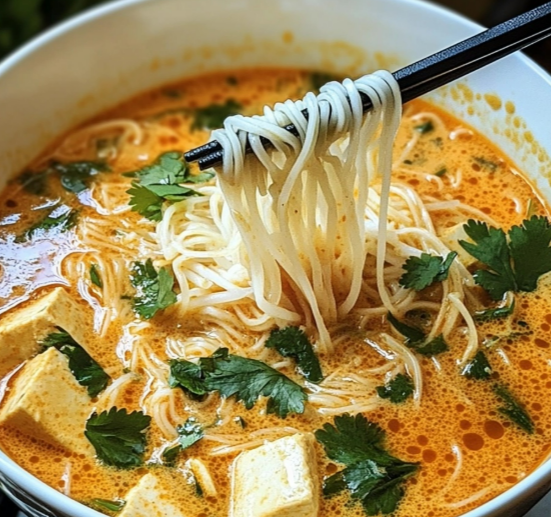 Coconut Curry Noodle Soup with tofu, mushrooms, and fresh herbs