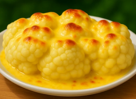 Cauliflower with cheese sauce served in a white dish