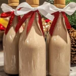 Homemade Baileys for Christmas in decorative glass bottles