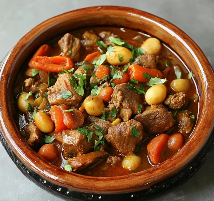 Traditional Moroccan tagine with meat served in a clay pot