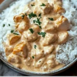 Ingredients for a creamy chicken rice dinner including chicken, rice, and cream