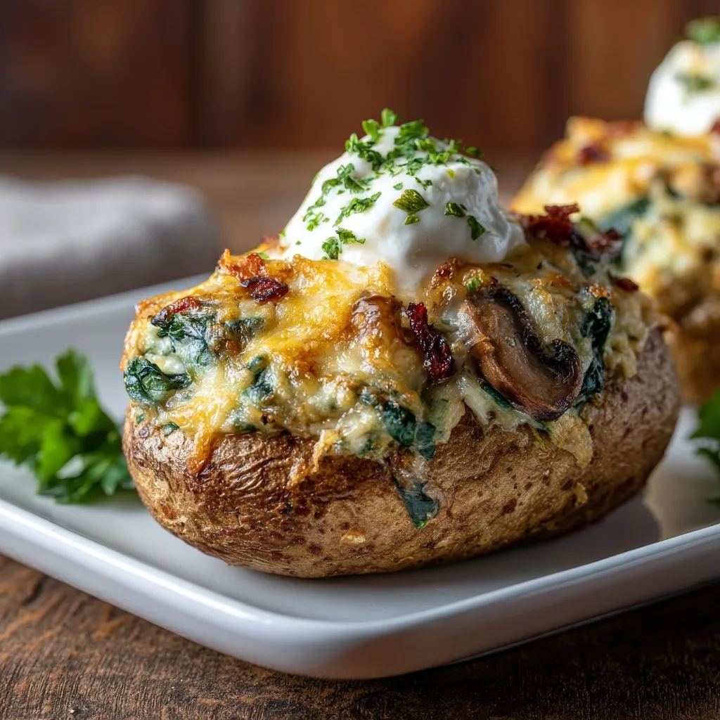 Cheesy Twice-Baked Stuffed Potatoes With Spinach & Mushrooms