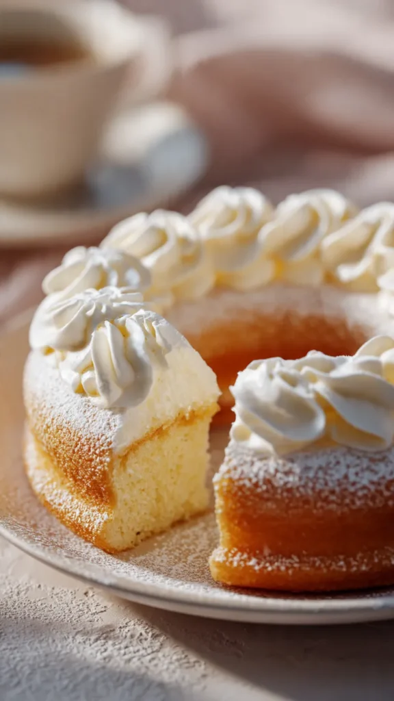 Fluffy Lemon Cake with Whipped Cream and Powdered Sugar Dusting