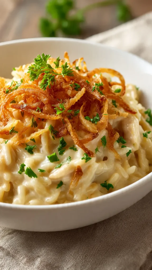 French Onion Chicken Orzo Casserole