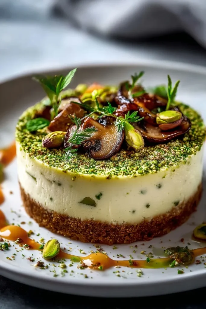 Pistachio and Mushroom Cheesecake with Feta & Parmesan Crust