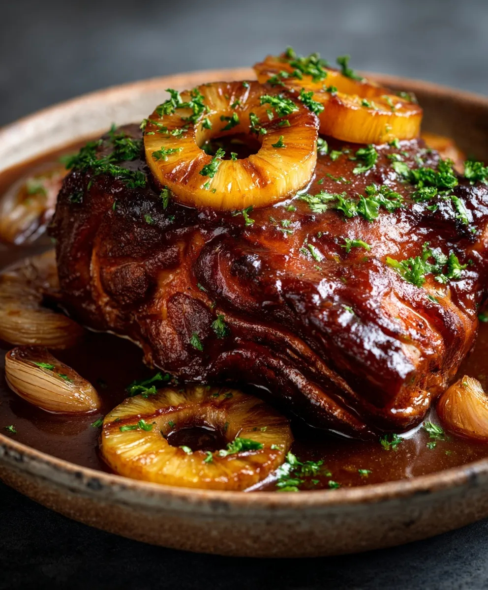 Braised Beef with Caramelized Pineapple & Garlic is a rich, slow-cooked dish blending tender beef, sweet pineapple, and aromatic garlic in a glossy sauce.
