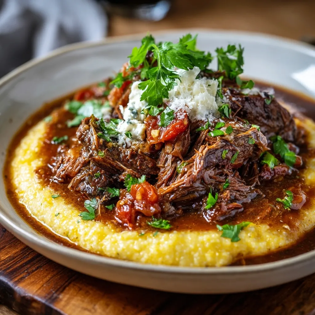 Italian Stracotto Pot Roast Served with Creamy Gorgonzola Polenta