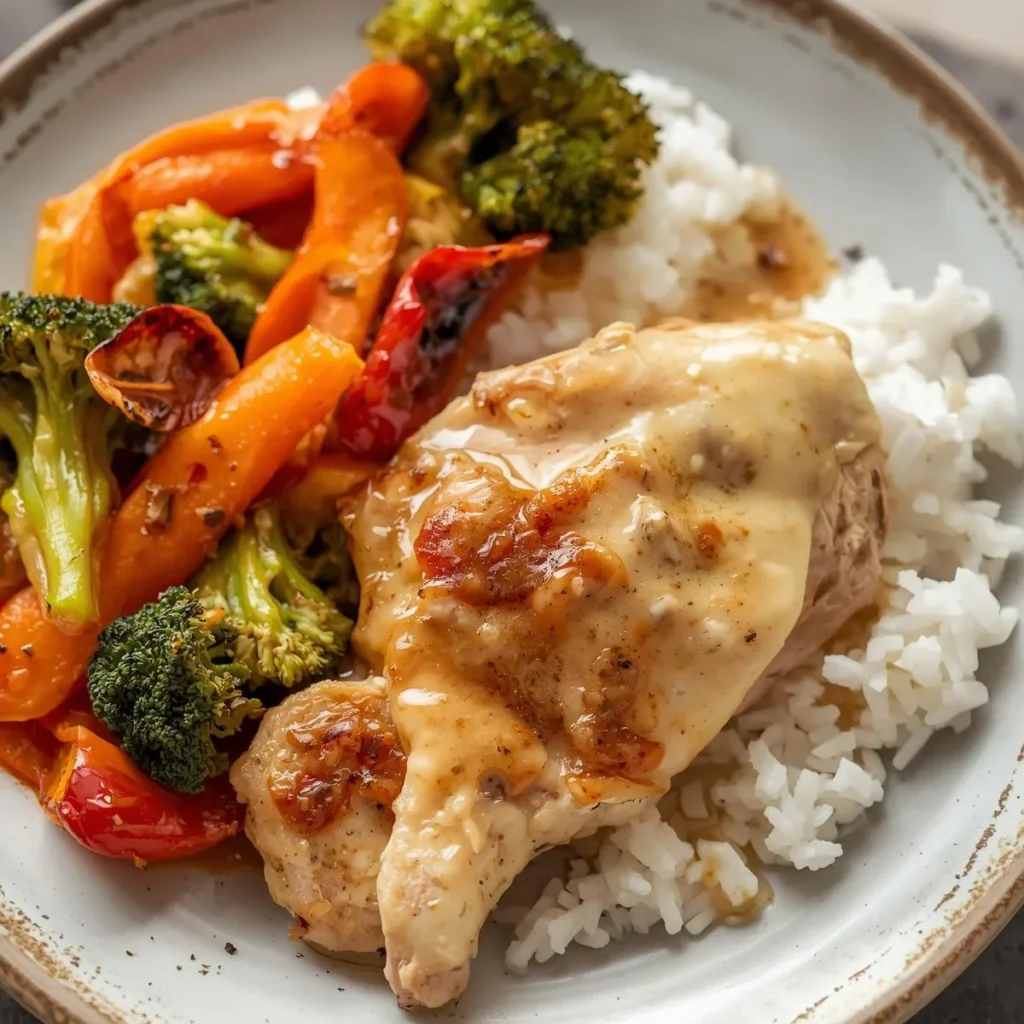 This Creamy Lemon Chicken with Rice and Roasted Vegetables is a flavorful and satisfying dinner idea. Tender pan-seared chicken in a silky lemon cream sauce