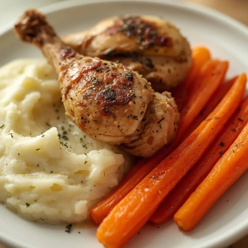 Herb-Roasted Chicken with Creamy Mashed Potatoes and Glazed Carrots