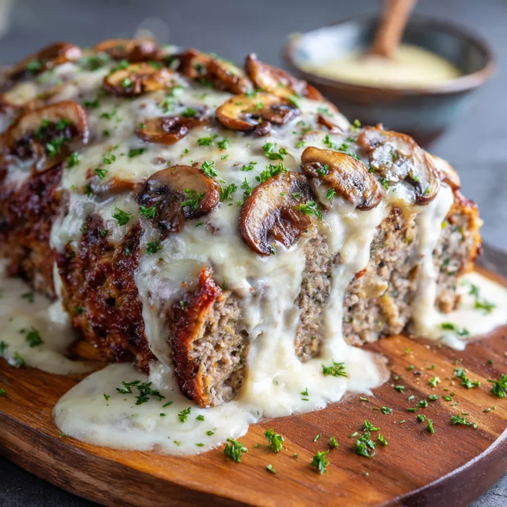Melt-in-Your-Mouth Mushroom Swiss Cheese Meatloaf delivers tender beef, sautéed mushrooms, and melted Swiss cheese in a comforting, oven-baked classic.